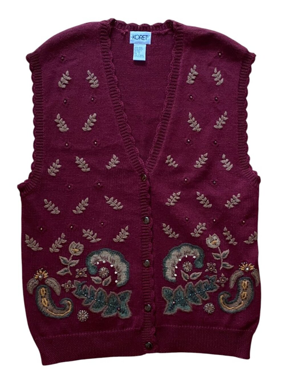 Vintage Koret Burgundy Floral Embroidered Beaded Sweater Vest Wool Grandma-L